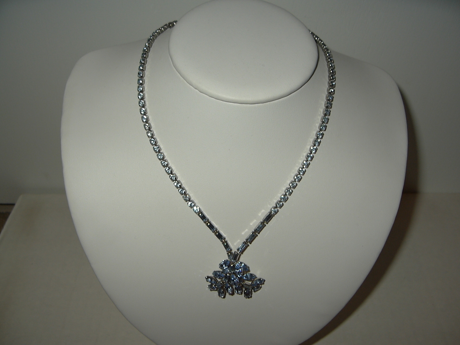 Vintage Signed BUYER BROS Silvertone & Blue Rhinestone Drop Adjustable Necklace