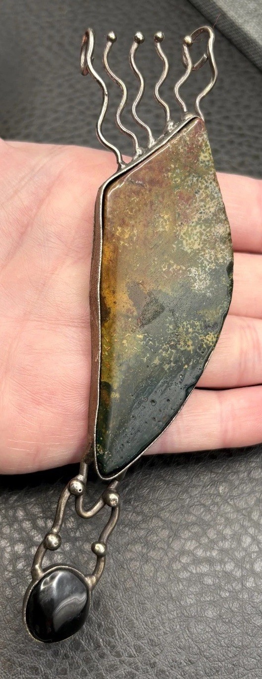 Artisan Brutalist Massive 5.5″ Silver Tone Modernist Stone Pendant Brooch