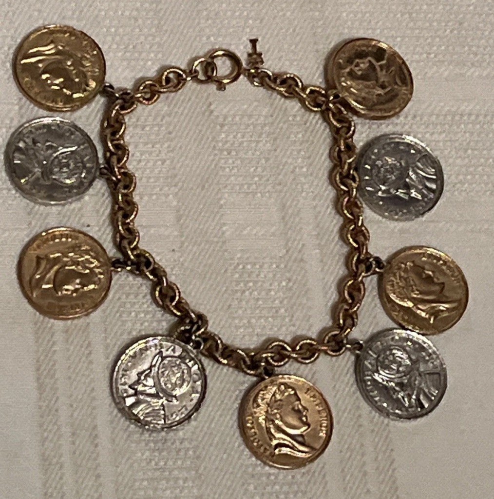 Vintage 1950s Coin Charm Bracelet Napoleon Coins Vasco Nunez de Balboa Coins 8″