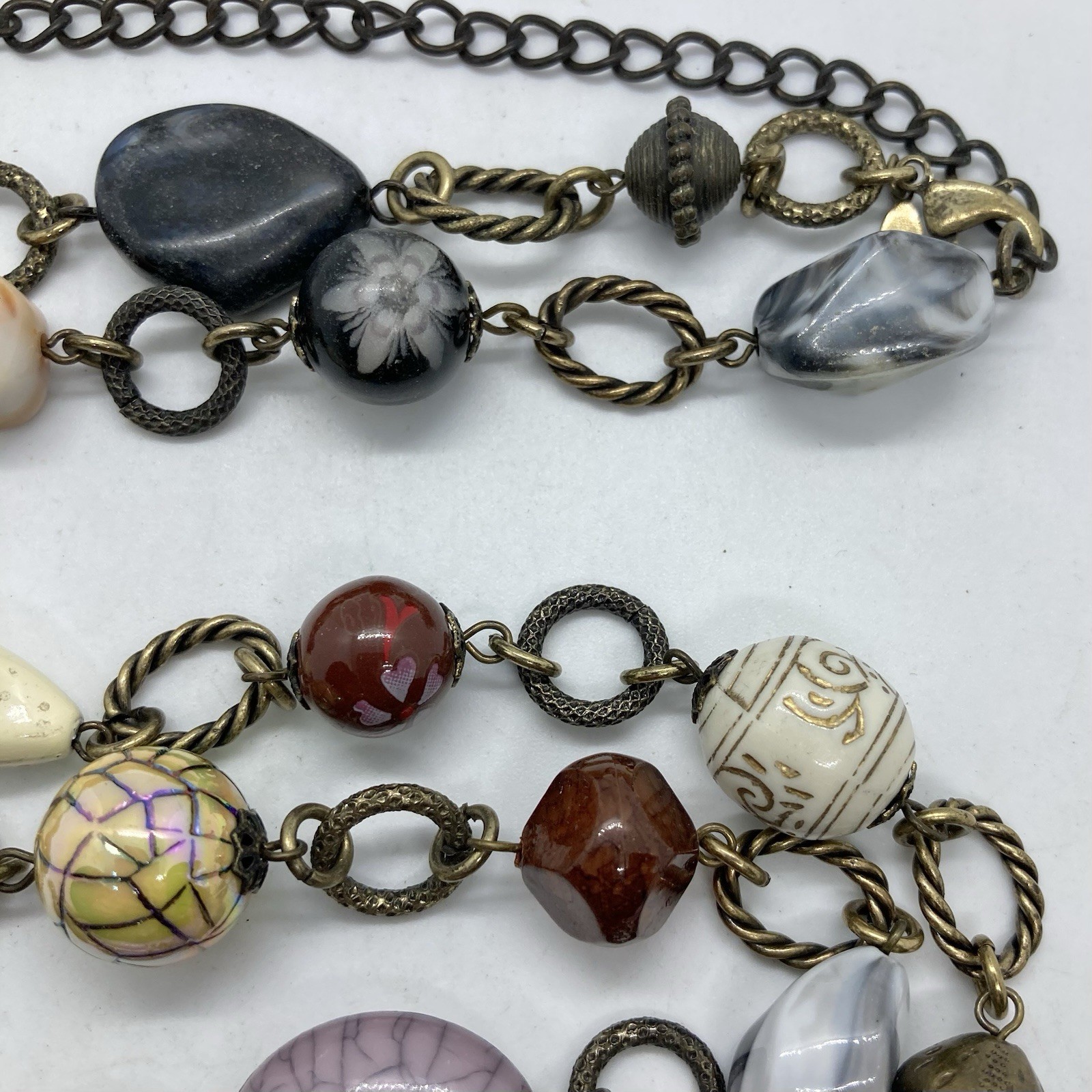 Vtg Boho Statement Bead Brass Chain Link Statement Necklace 34” Signed
