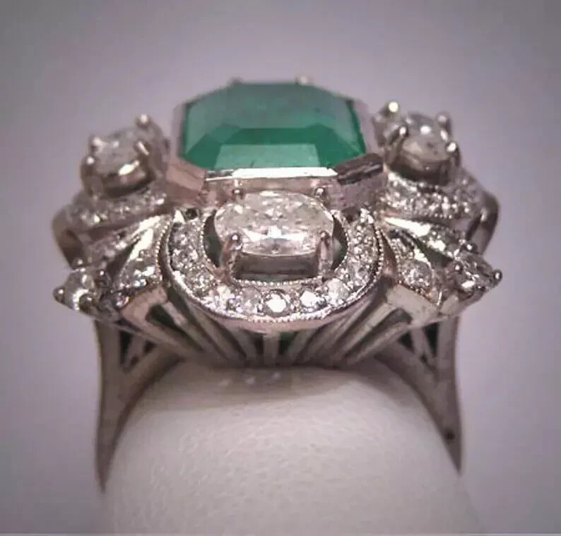 3 Ct Emerald Vintage Art Deco Five Stone Cocktail Wedding Ring 14K White Gold FN