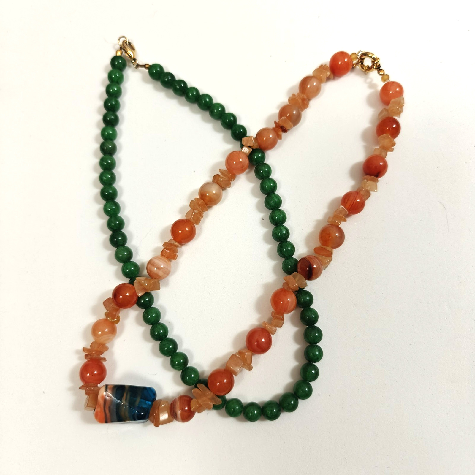 Vintage Lot of Two Beaded Necklaces Green Orange Coral Stones 17″ – 18″ Long