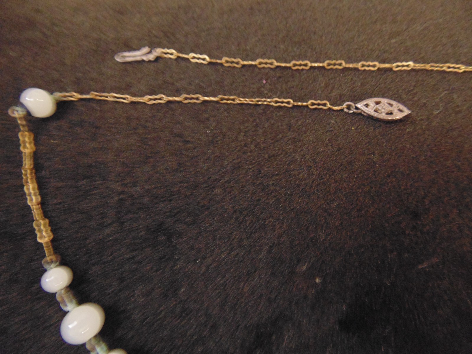 Victorian Antique Brass Filigree Opaline Glass Bead Pendant Choker Necklace 15.5