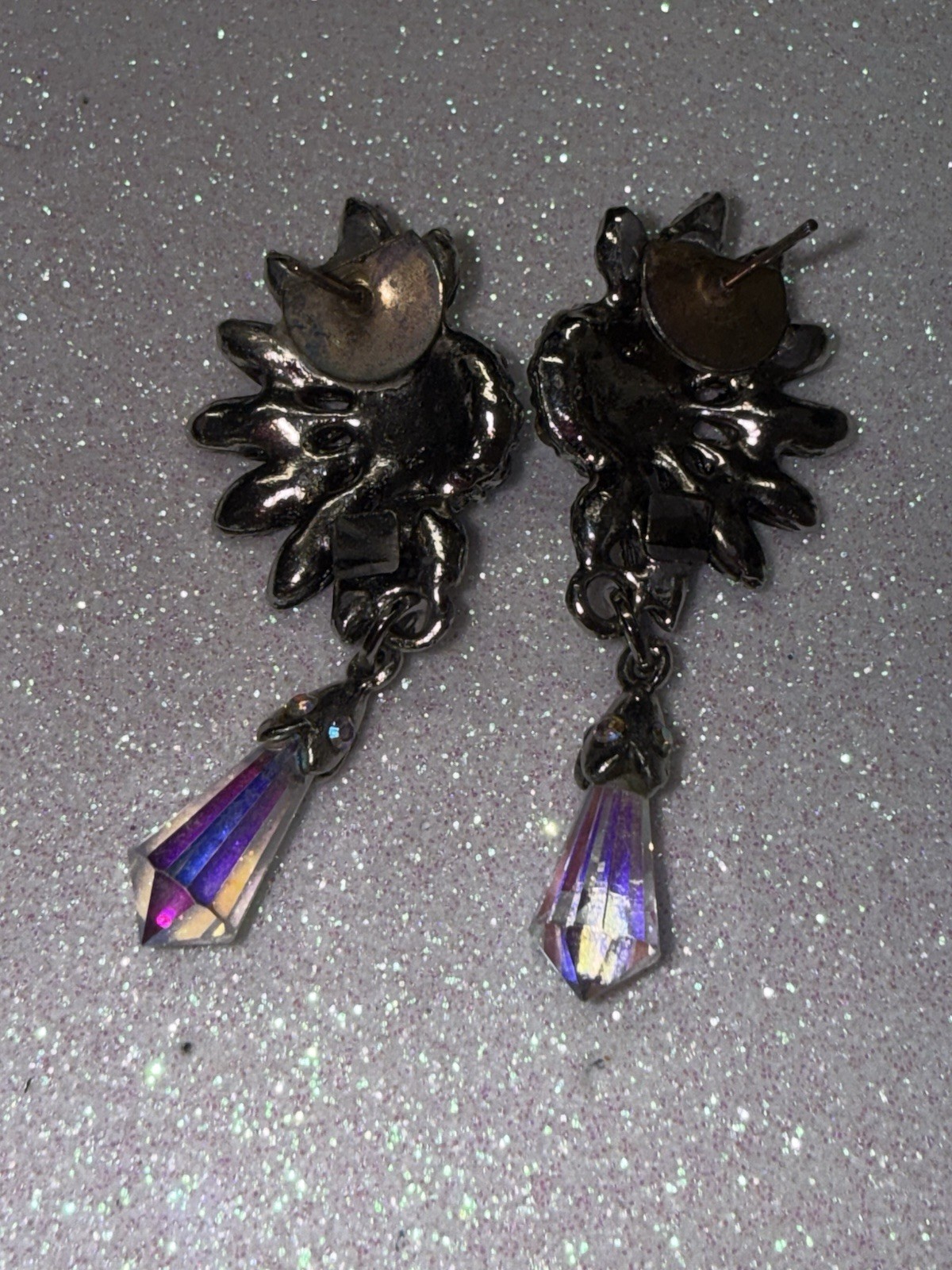 Vintage AB Rhinestone Dangle Drop Earrings Pierced Silver Tone