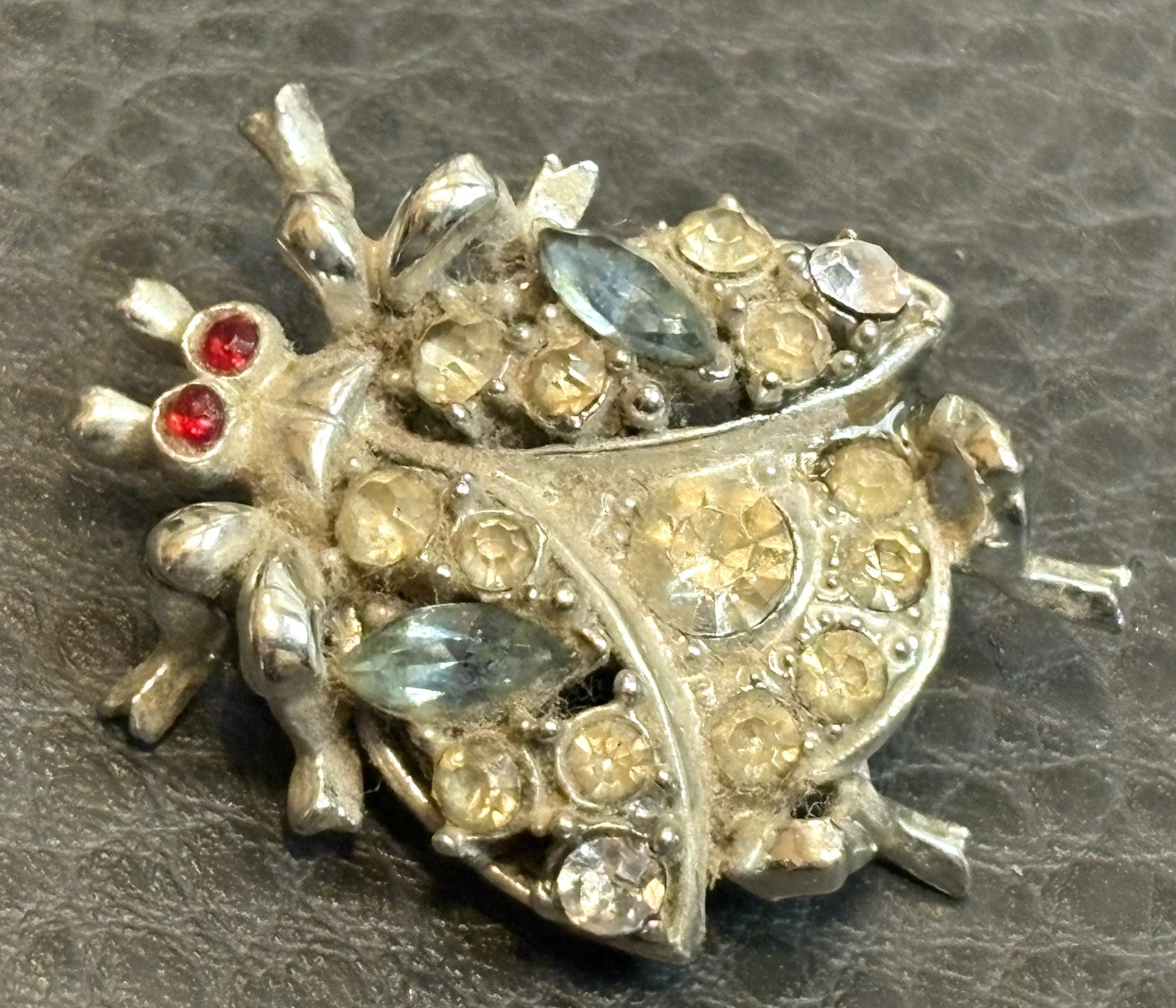 Vintage Art Deco Pot Metal Silver Tone Rhinestone Red Eyes Ladybug Pin Brooch