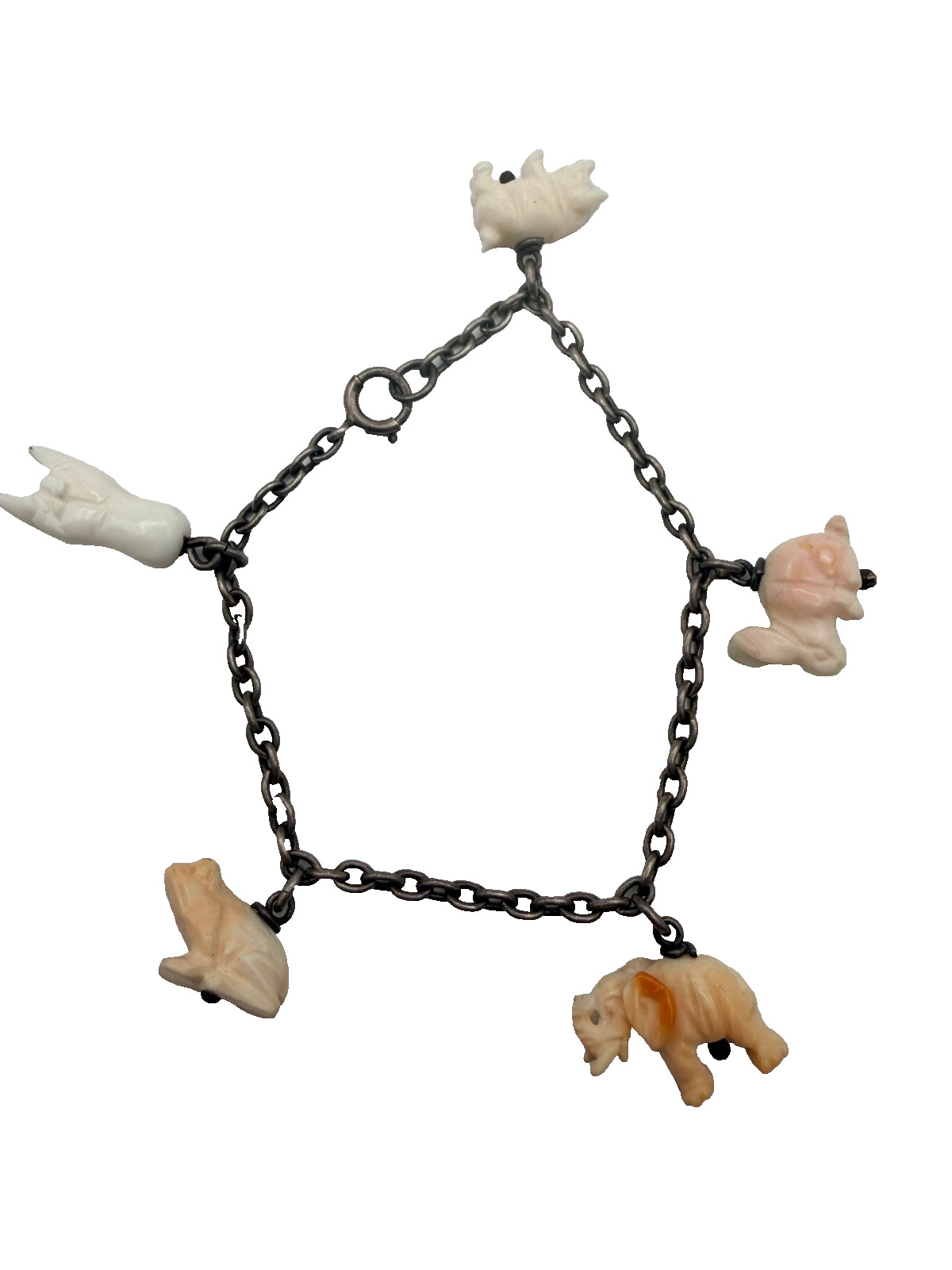 Vintage Sterling Silver Angel Skin Coral Carved Animal Charm Bracelet