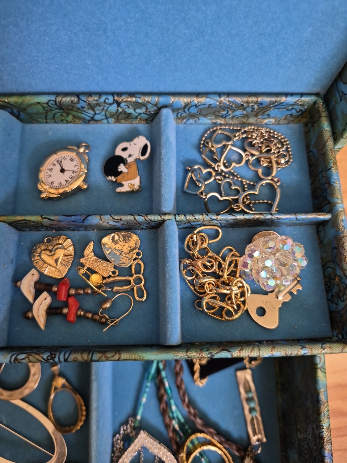 Vtg Jewelry Box With VTG- Now Costume Necklaces, Earings, Brooches, Pins, Etc.