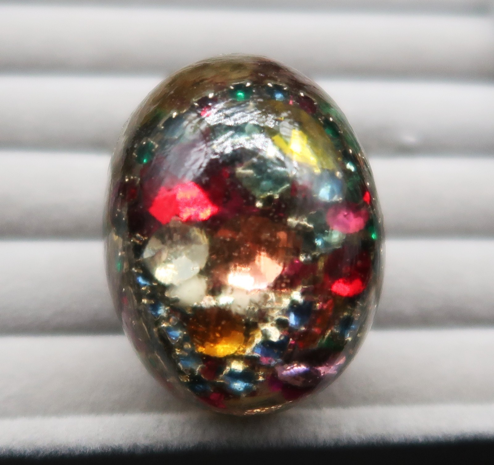 Vtg Domed Confetti Gold Tone Acrylic Resin Artist Made Adjustible Ring Fireworks