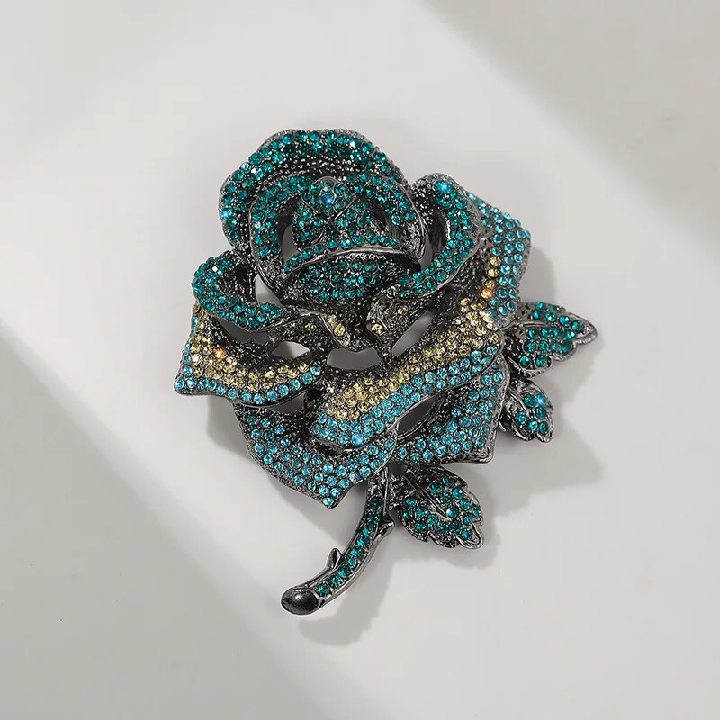Large Vintage Rose Brooch Red and Blue Dual-color Rhinestone Pin for Women