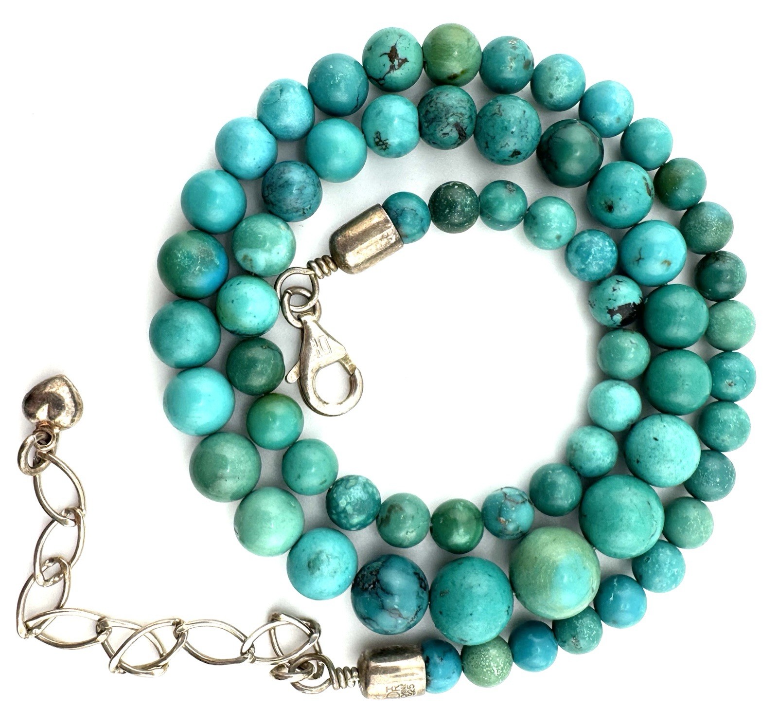 DTR Sterling Turquoise Bead Necklace Graduated Blue Green Stone 18-21 In