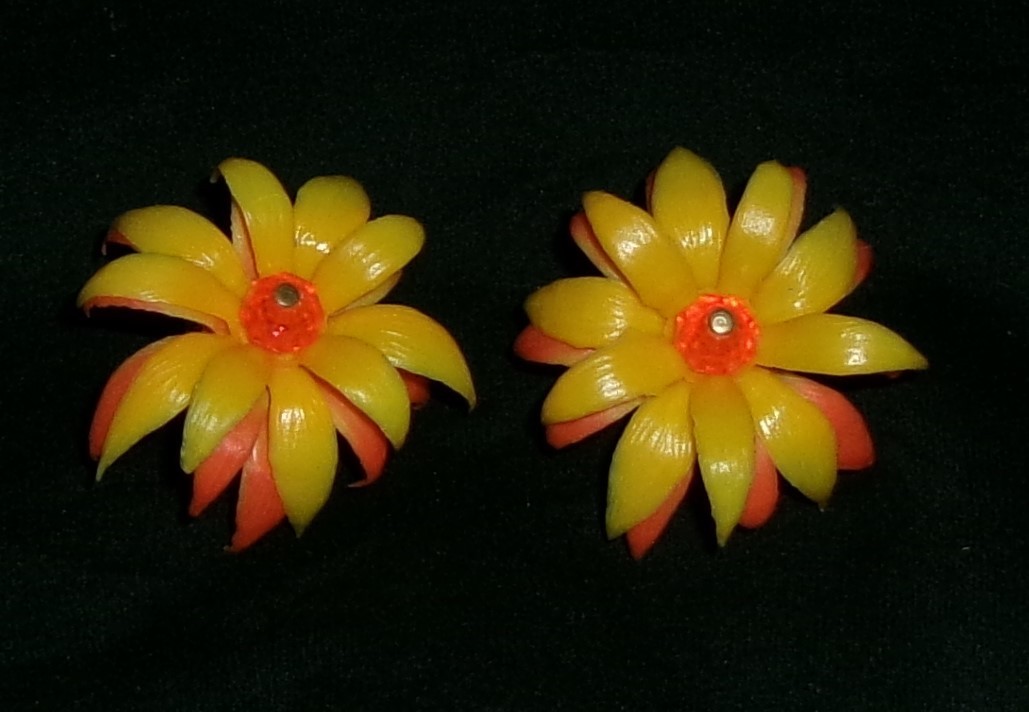 Vintage Plastic Flower Earrings Orange Yellow-Layered Pierced