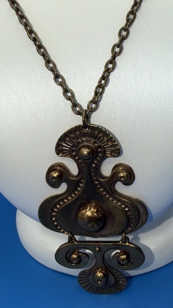 Vintage Seppo Tamminen Finland Modernist Necklace Signed Bronze Abstract Pendant