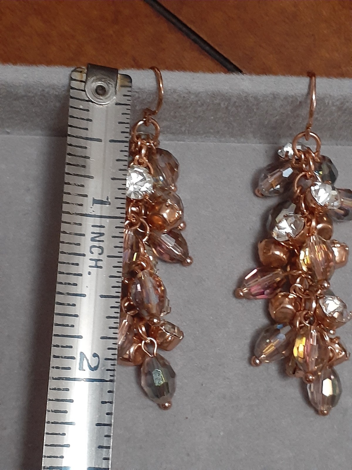 Fauceted lucite iridesent bead earrings & rhinestone cluster dangle drop style
