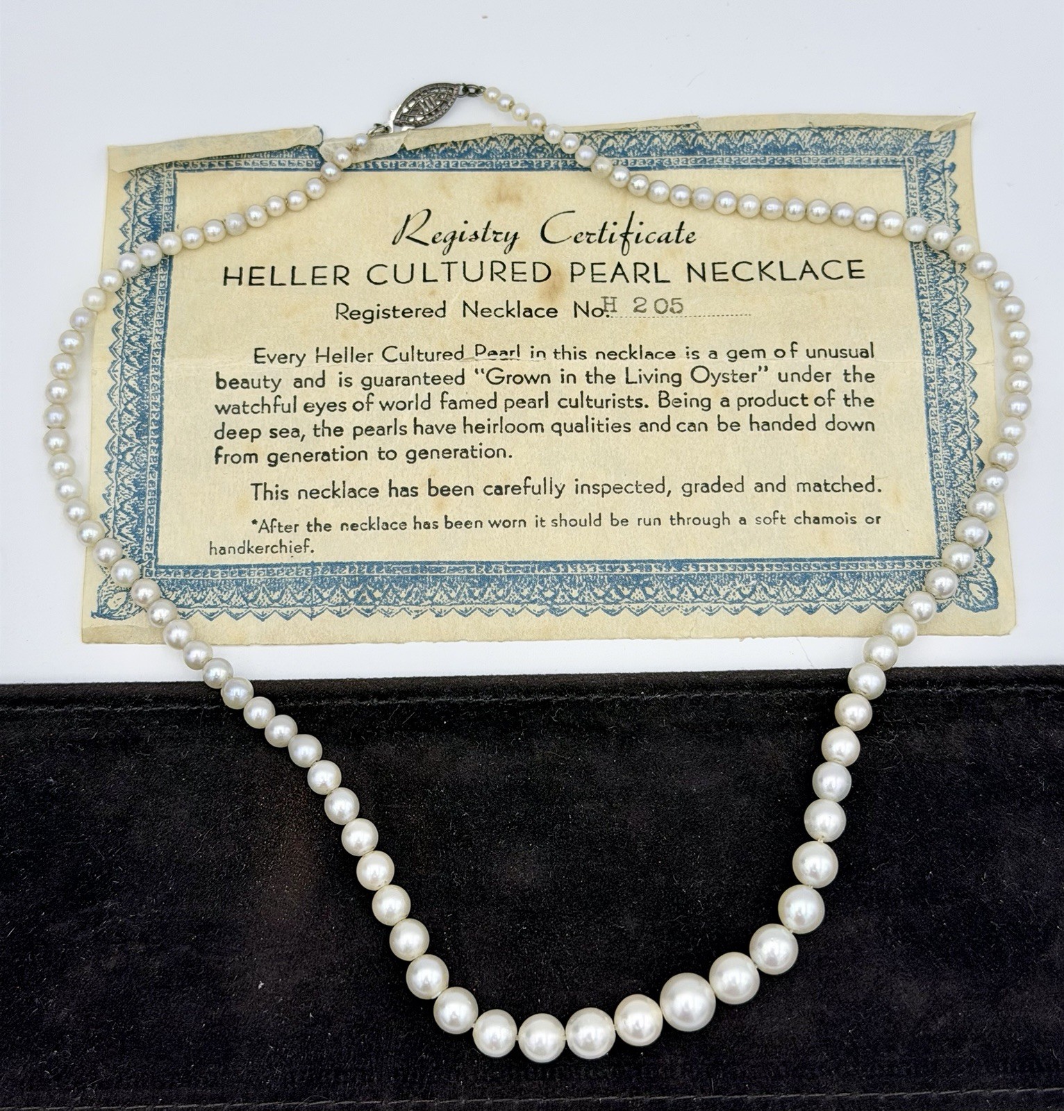 REGISTERED HELLER CULTURED PEARL NECKLACE GRADUATED 3-7 MM STERLING CLASP 17″