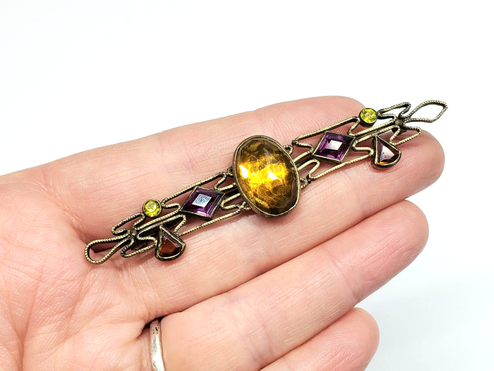 Vintage Art Deco Glass Faux Gemstone Brass Plated Filigree Bar Pin Brooch