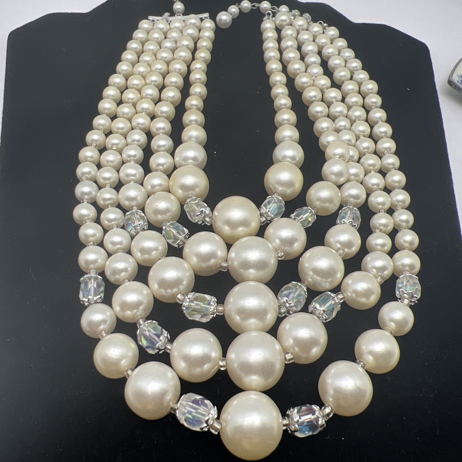 Vintage 5 Strand Faux Pearl AB Glass Beaded 14”-16” Necklace 7983