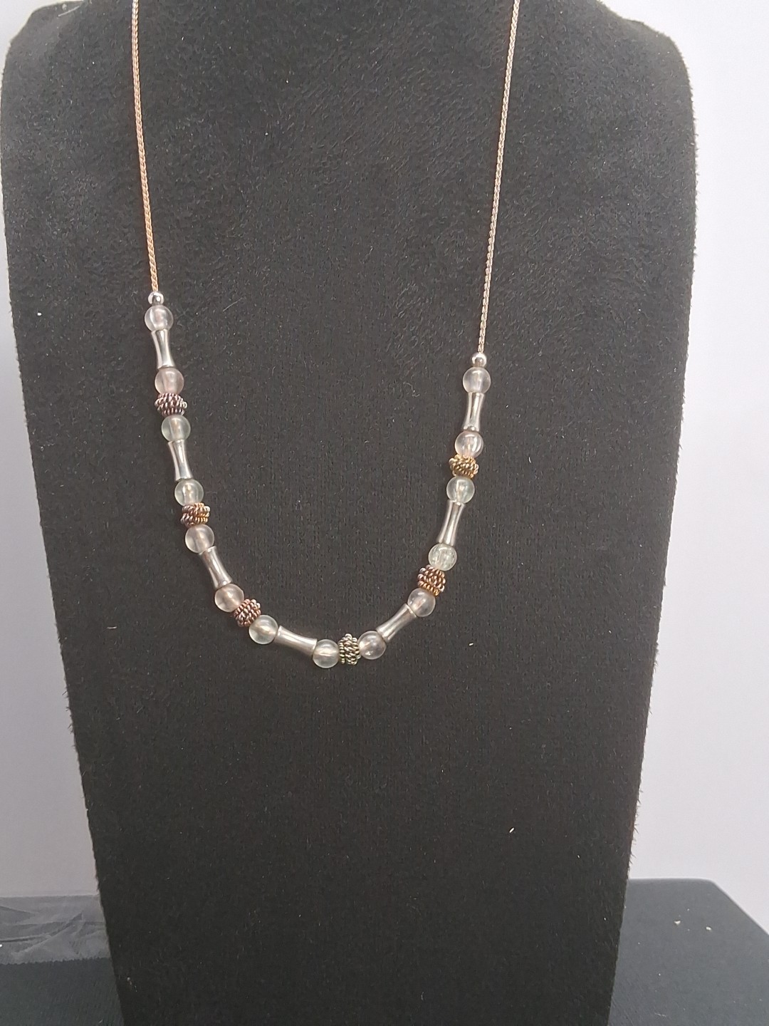 Vintage Silver and Rose Gold Tone Mixed Metal Beaded Necklace with Bar Stations
