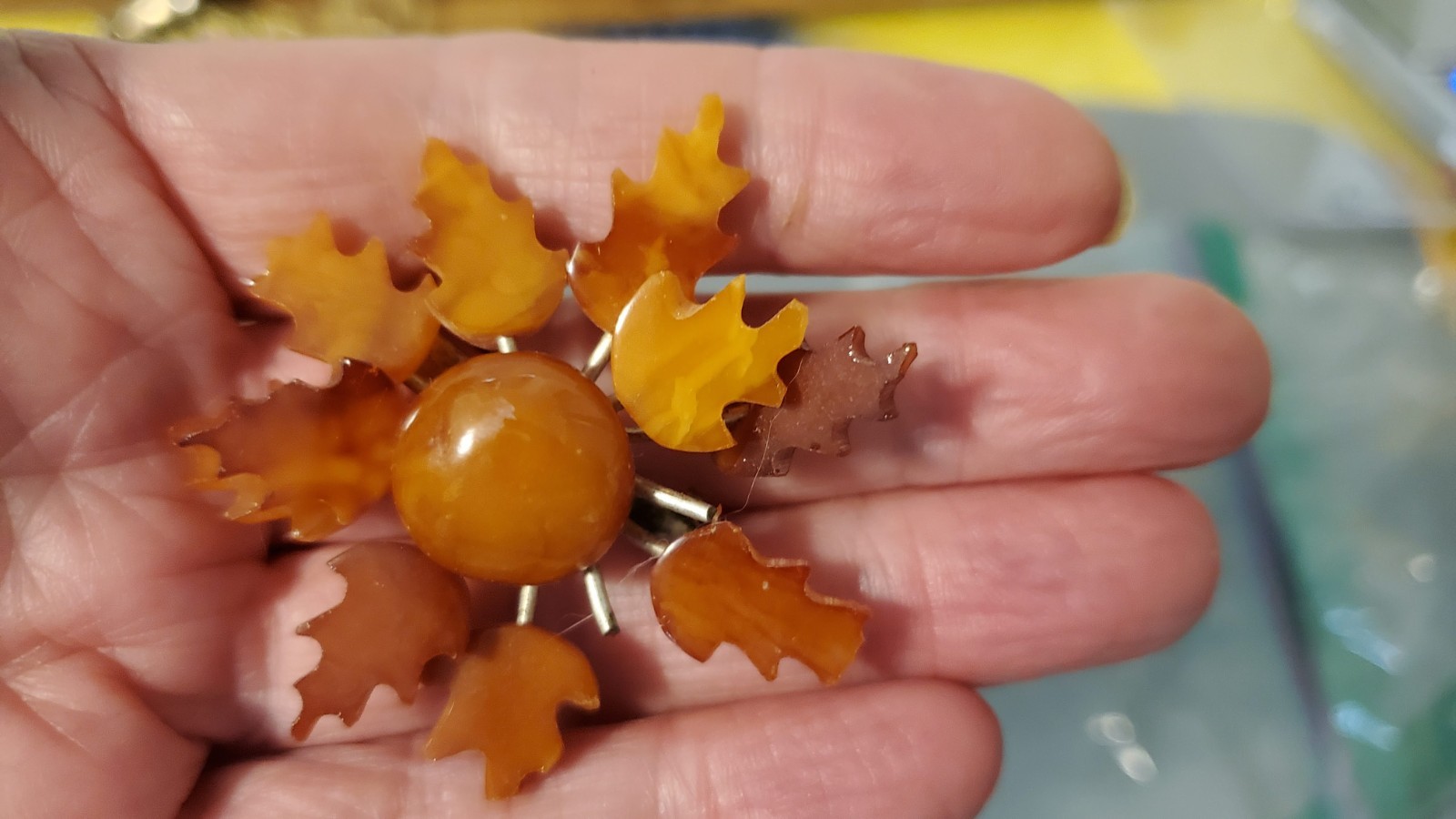 Vintage former USSR butterscotch amber brooch two missing leaves