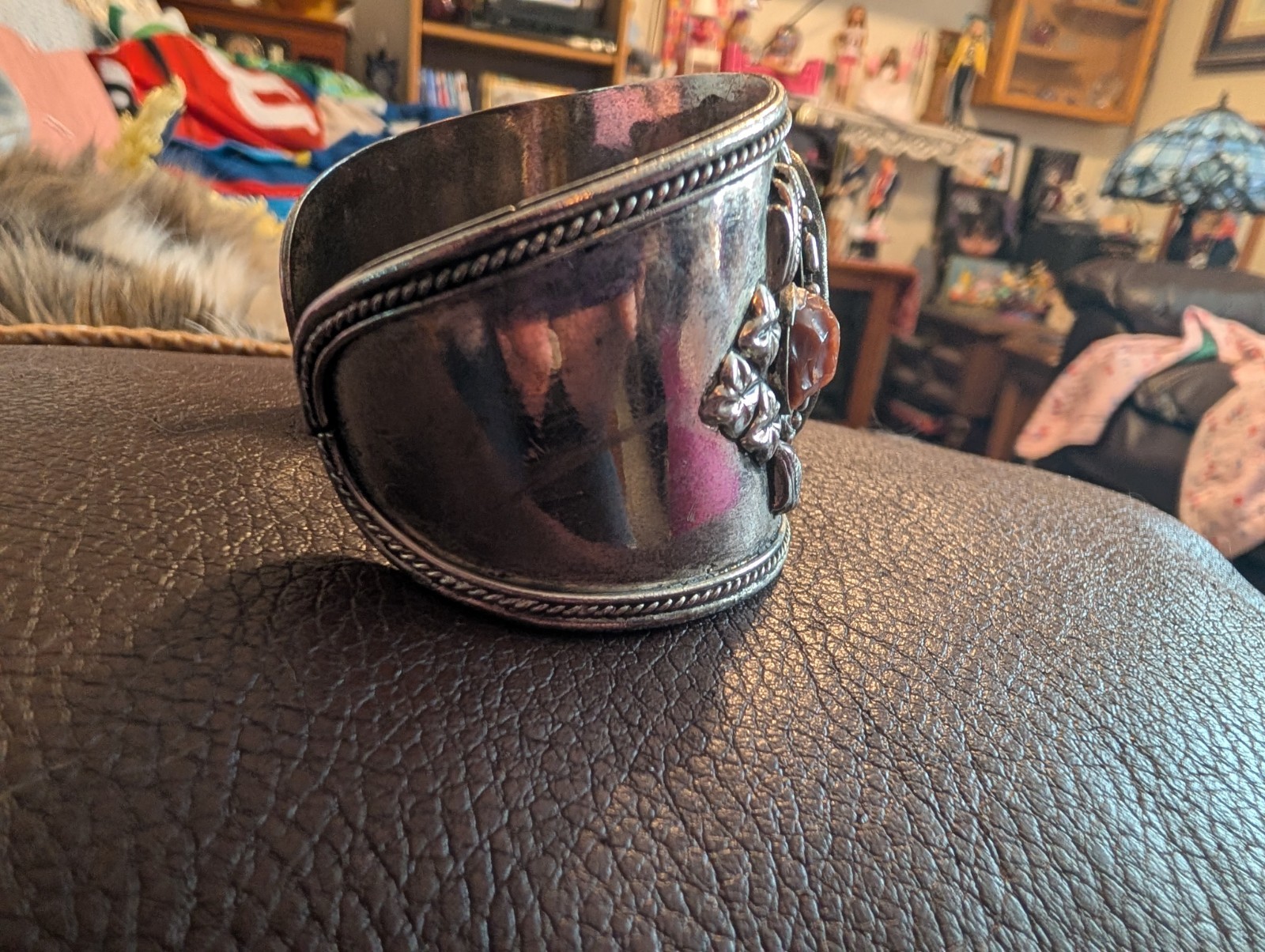 Vintage Silver & Stone Cuff Bracelet Brown Stones Nice Detail Women Southwestern