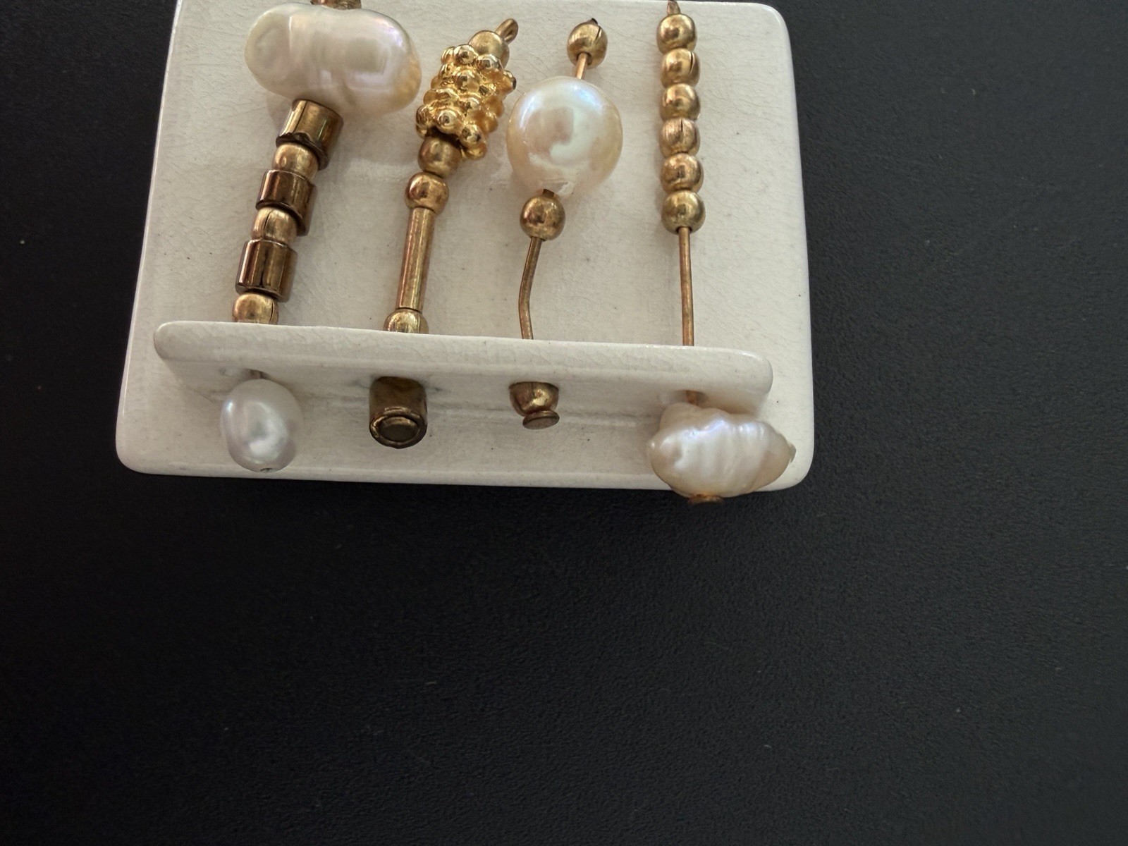 Artisan Ceramic Brooch with Dangling Freshwater Baroque Pearls Gold Beads Vtg