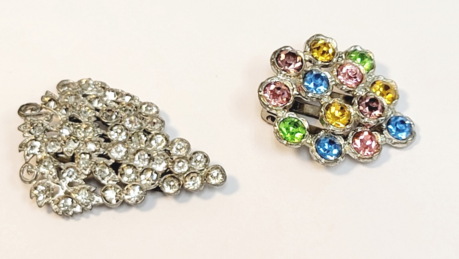 2 Vintage Pastel Clear Rhinestone Dress Clips Brooches