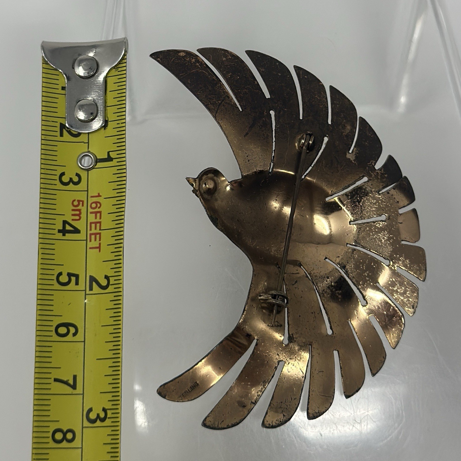 Vintage Rose Gold Vermeil Sterling Silver Flying Bird Yellow Eye Brooch Pin 3”