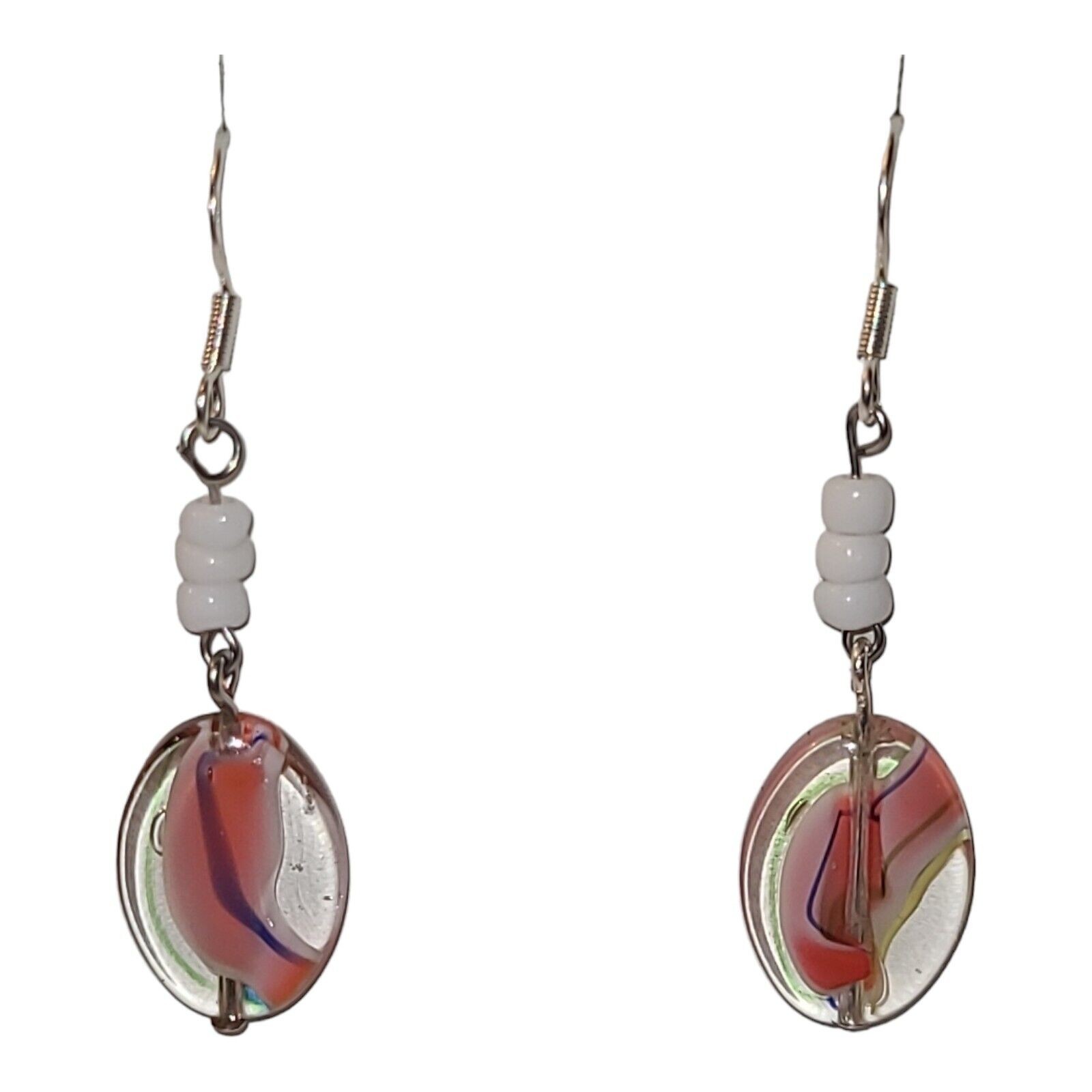 Multi-color Pink White Art Glass Bead Dangle Earrings 925 Sterling Silver 2″