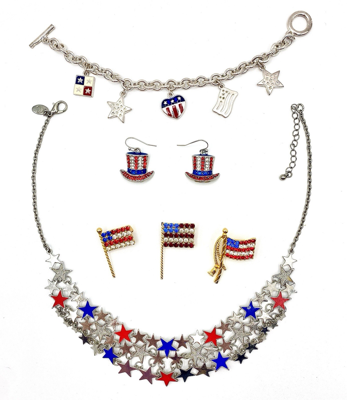Vintage 4th July Patriotic Rhinestone Jewelry Lot Independence American Flag USA