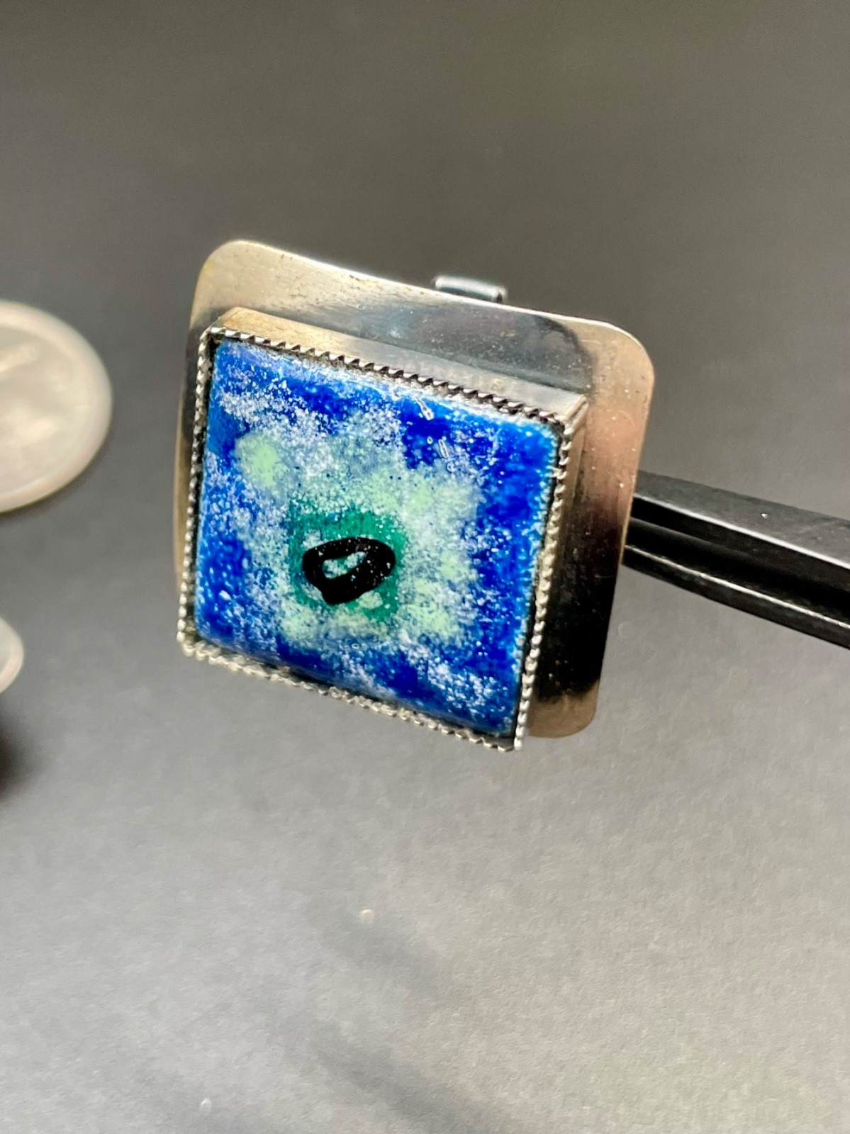Vintage Mid Century Modernist Enamel Square Silver Tone Cufflinks Blue Abstract