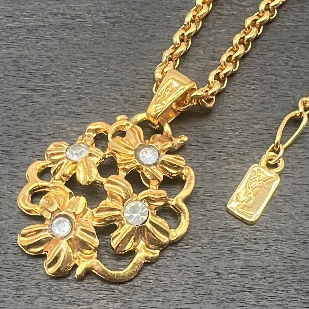 YSL Yves Saint Laurent Vintage Floral Necklace Gold Tone Rhinestone Rare Jewelry