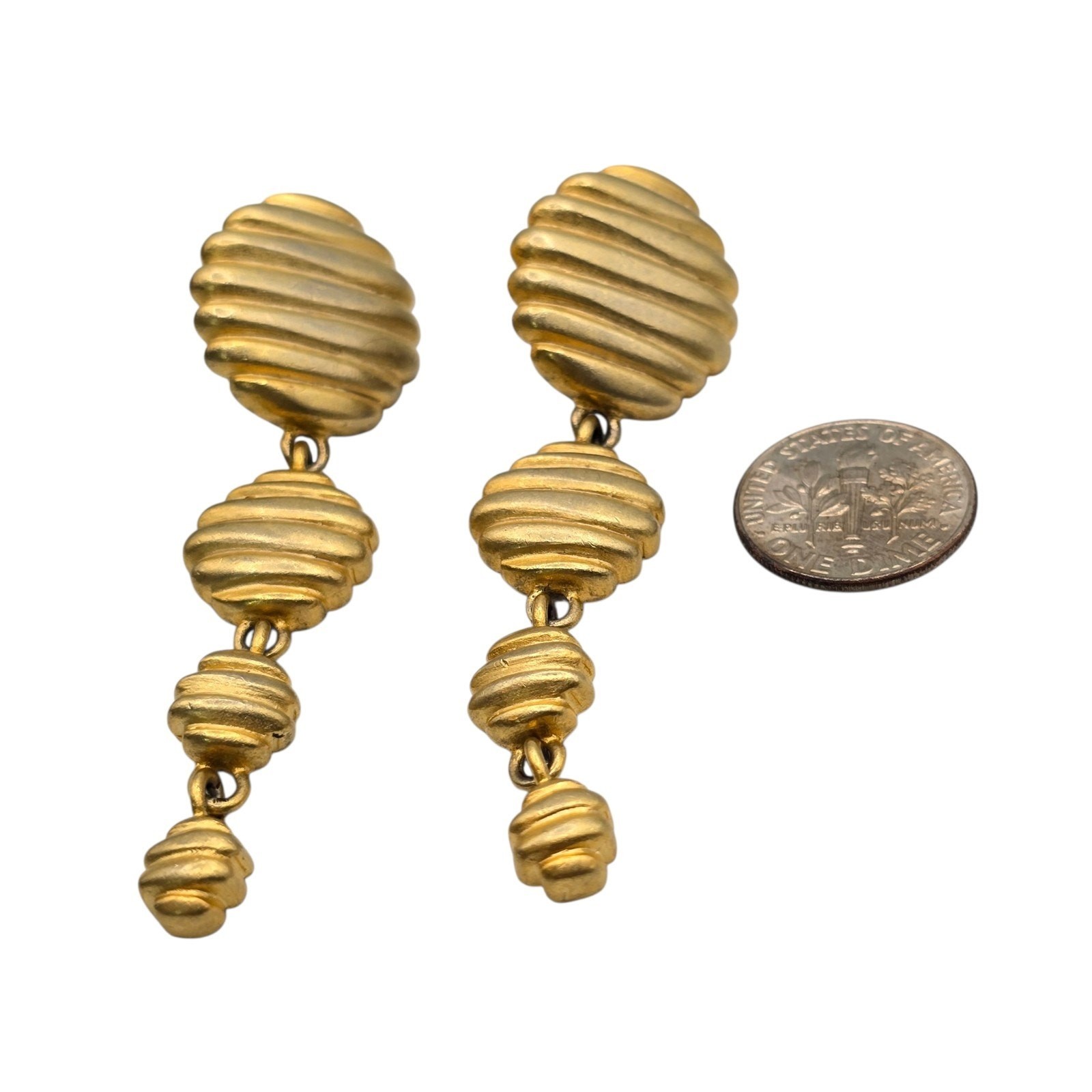 Pierced Earrings Ribbed Design Drop Flattened Dome Bead Gold Tone SKU 2484