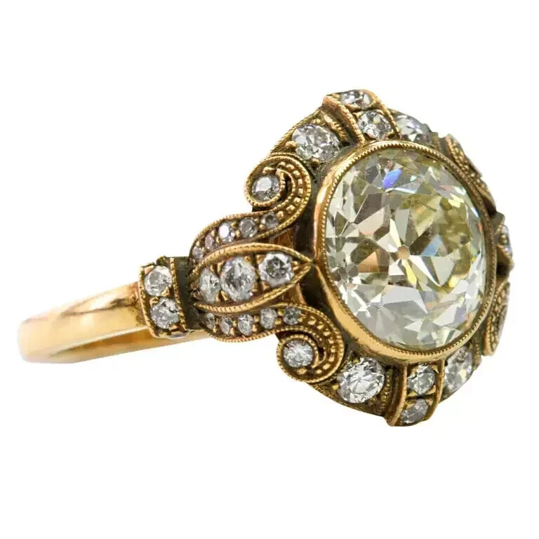 Vintage Art Deco Style Old European Lab Created Diamond Wedding 14K Gold FN Ring