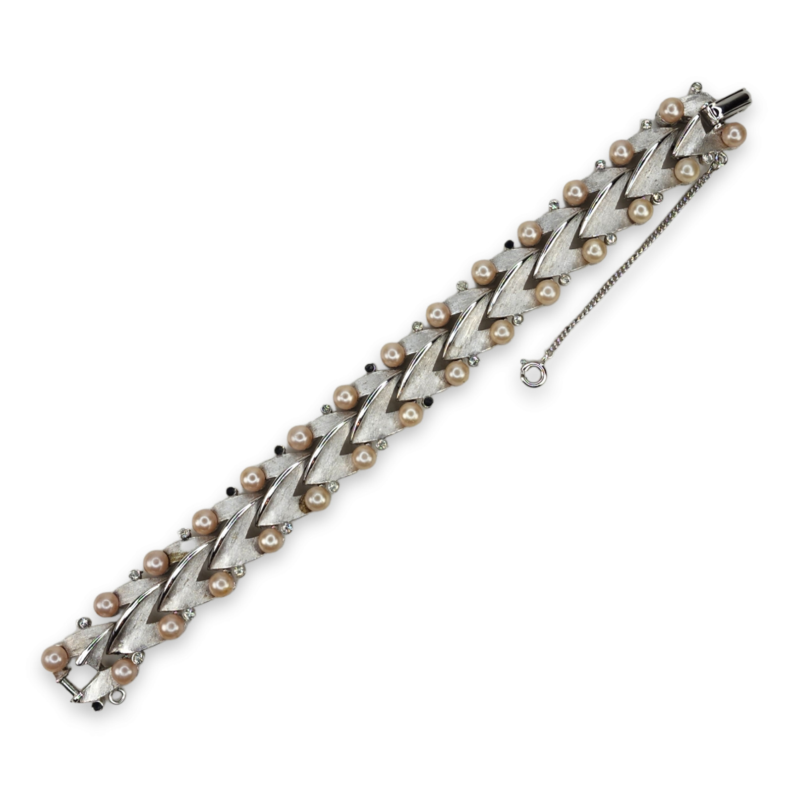 Vintage Trifari Silver Tone Clear Rhinestone Faux Pearl Links Bracelet 7.25 In