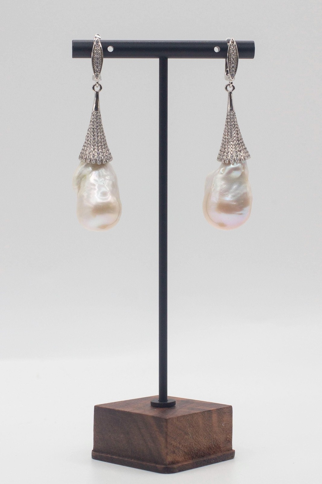 2.6” White Baroque Flameball Pearl Drop Earrings CZ Leverback Bridal Gift