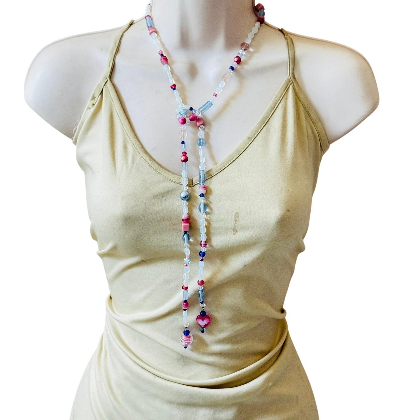 VTG pink Opalescent wrap Necklace Opalite Art Glass Beads moonglow long 38″ rare