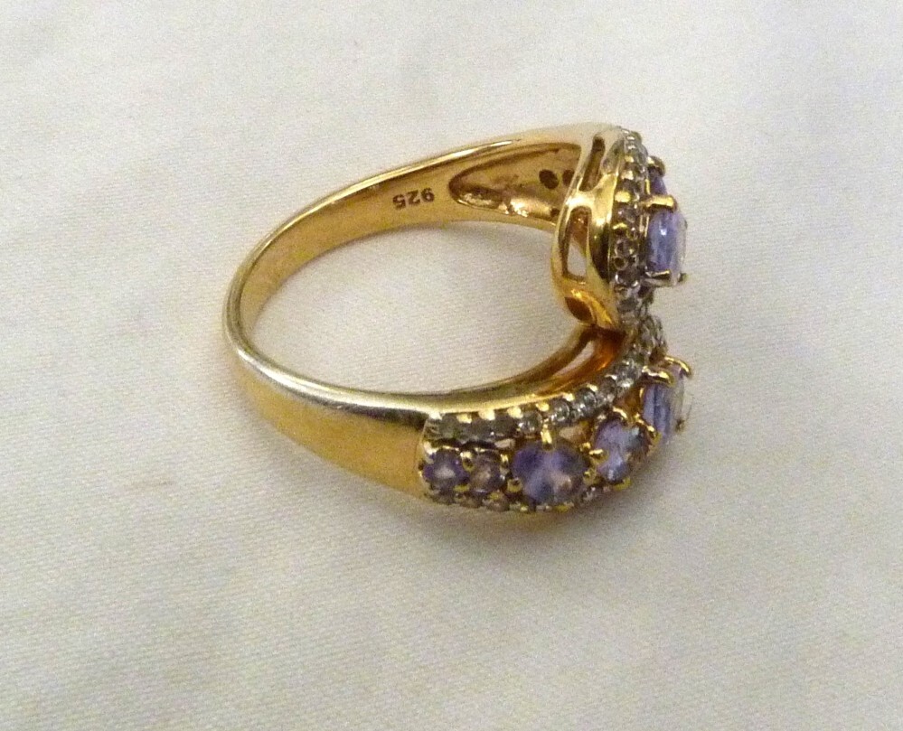 BBJ GOLD OVER STERLING SILVER AMETHYST WHITE ZIRCON GEMSTONE RING SIZE 8.5