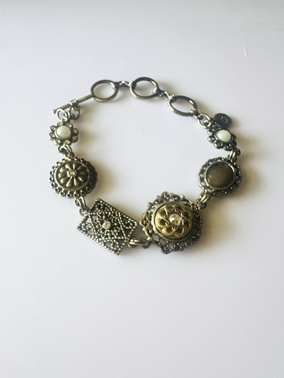 Vintage Style Mixed Metal Link Bracelet Faux Pearl Filigree Toggle Clasp Boho