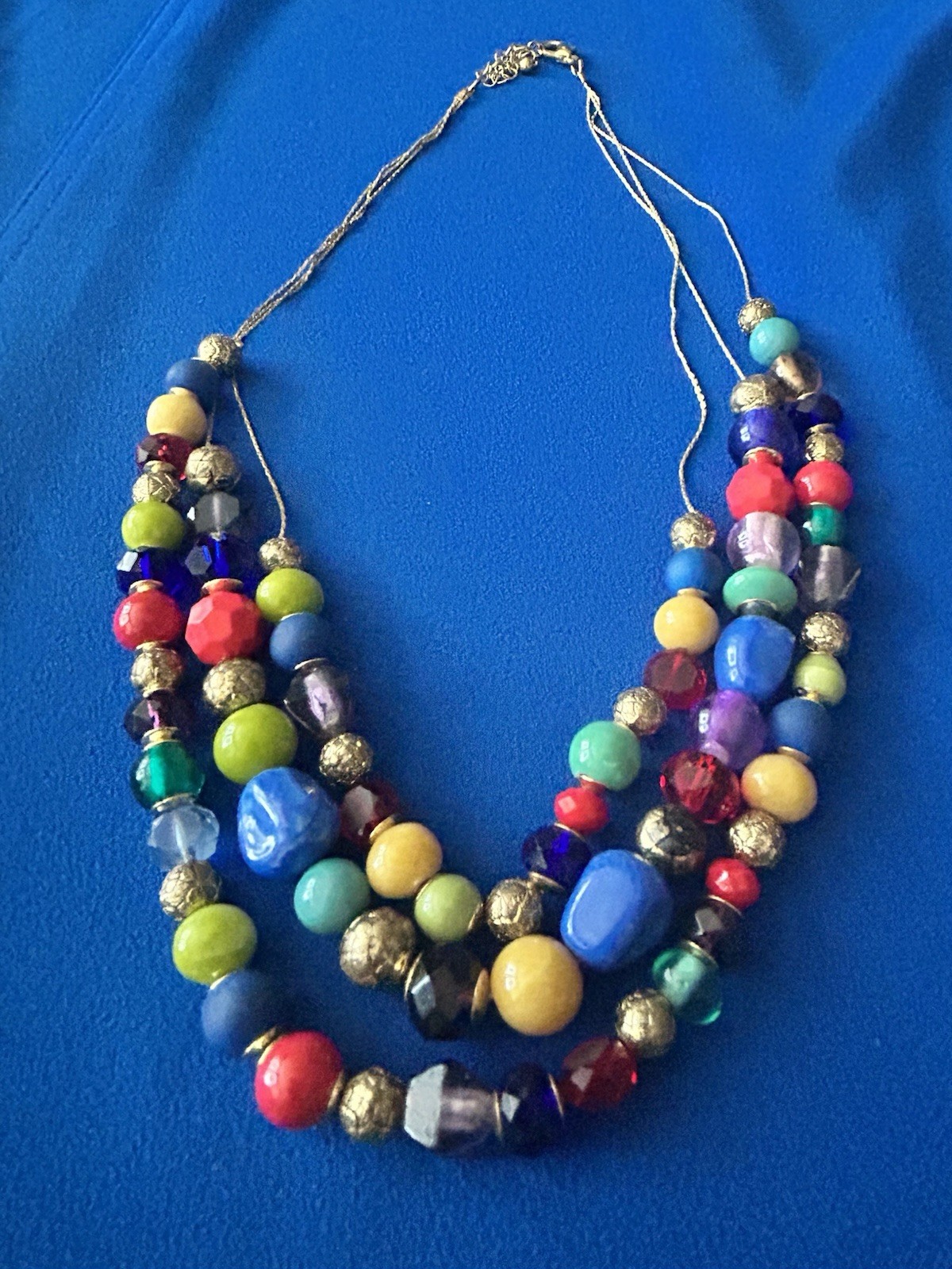 Fun Multi Color 3 Strand Graduated Beads On Gold Toned Chain – BRIGHT!
