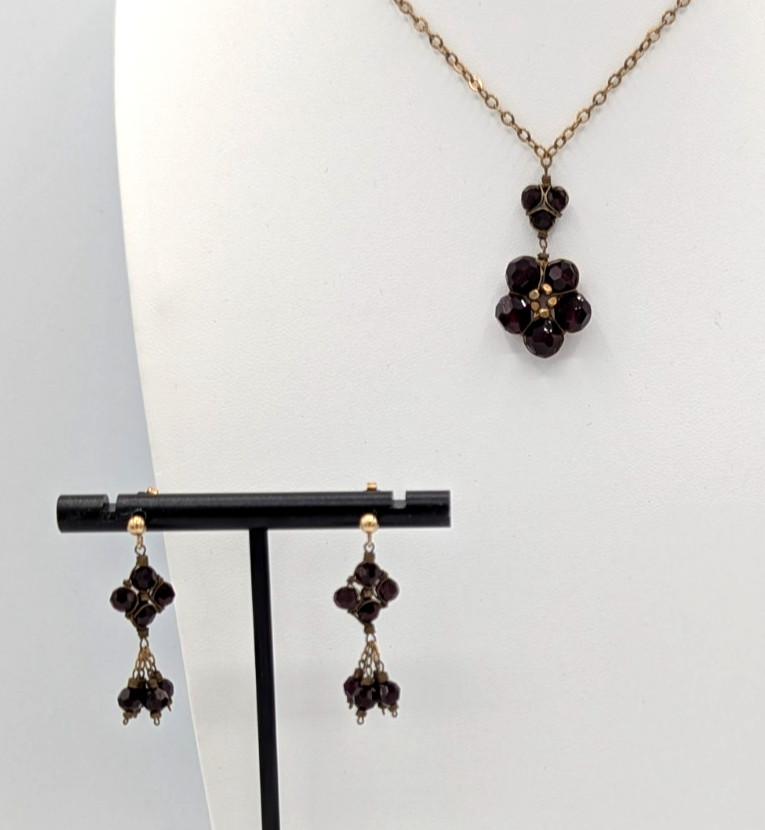 Vintage Gold Filled Garnet Glass Necklace Earrings Set Dainty Wire Wrap Dangles