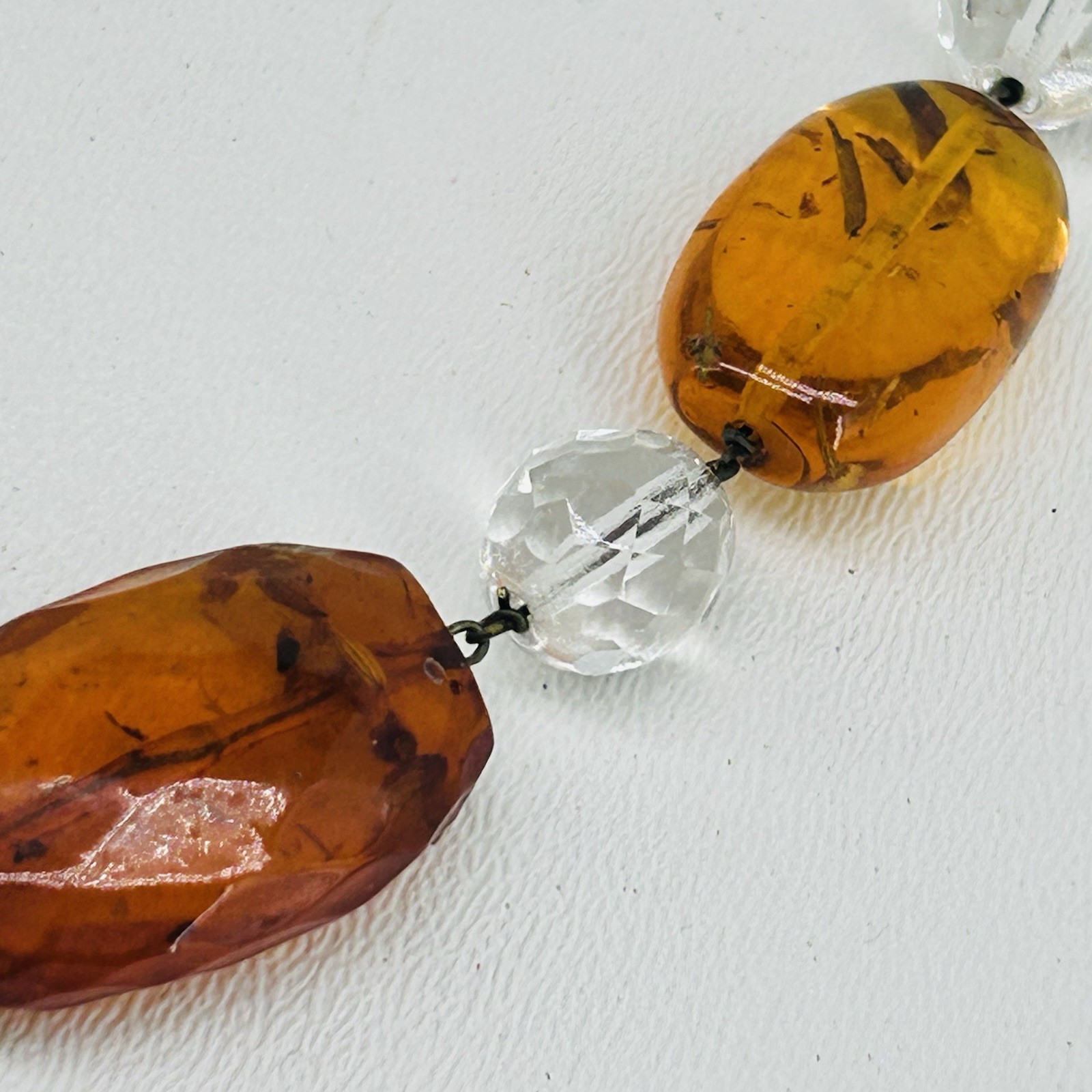 Art Deco Vintage Baltic Amber Honey Cognac Yellow & Clear Glass Necklace 34″