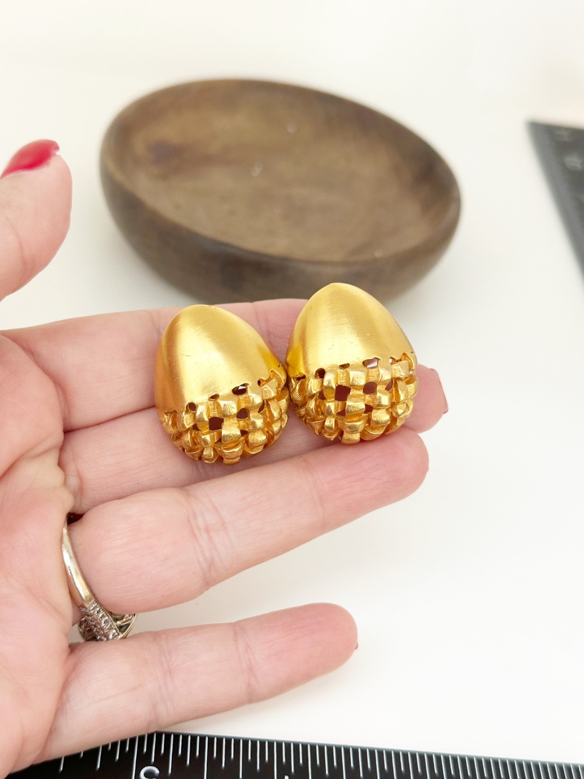 Vintage Clara Studio Earrings Signed Brushed Gold Tone Basket Weave Clip On