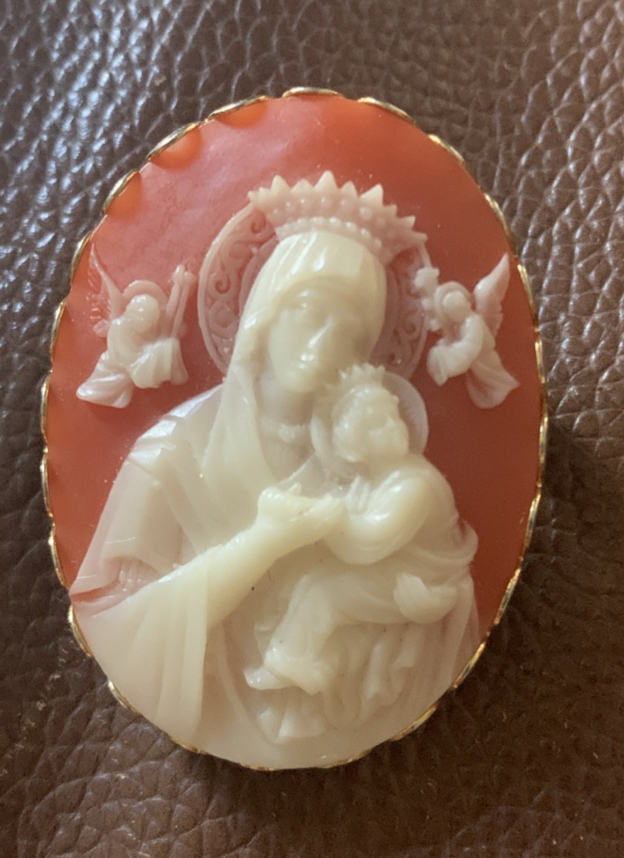 Coral Cameo Brooch Our Lady Perpetual Help Adoring Angels Mary Jesus Religious