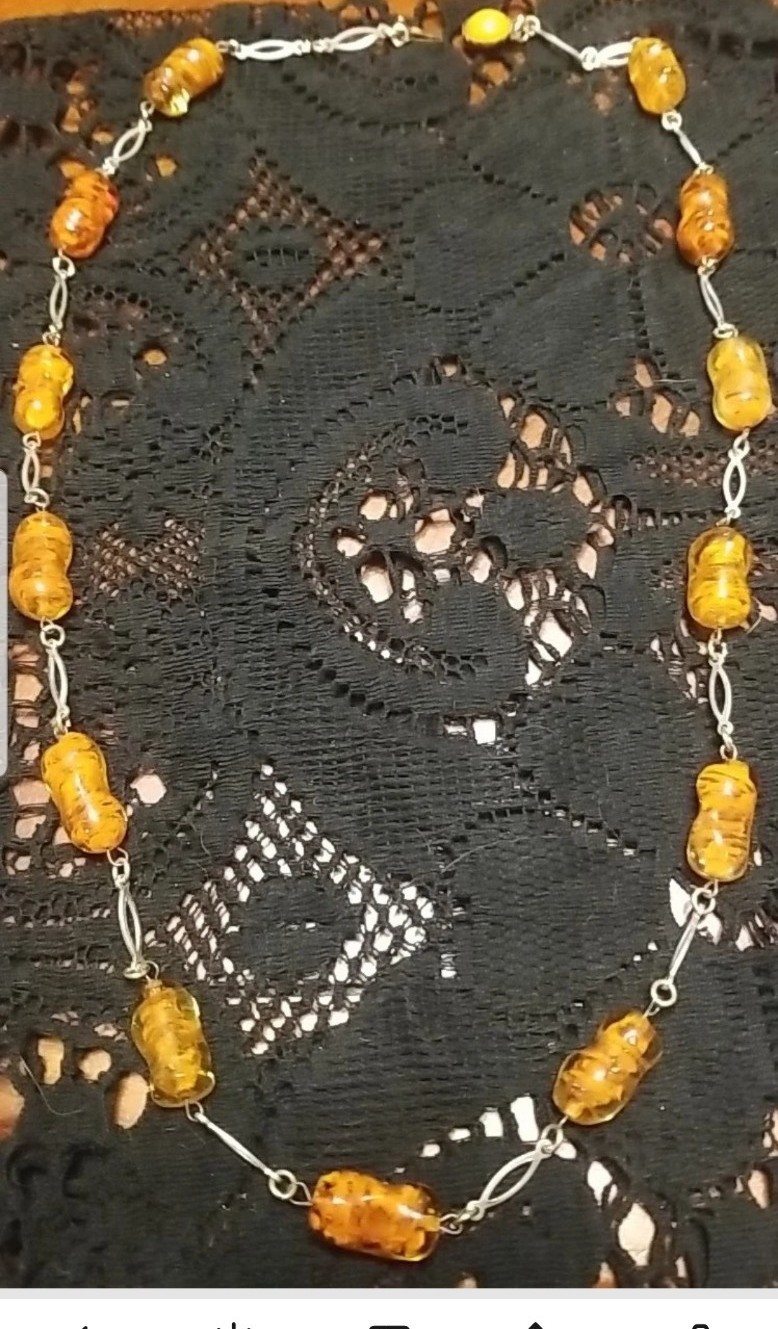 Venetian Antique Necklace, Italian Art Glass, 28″Sterling, Amber Colored, Signed