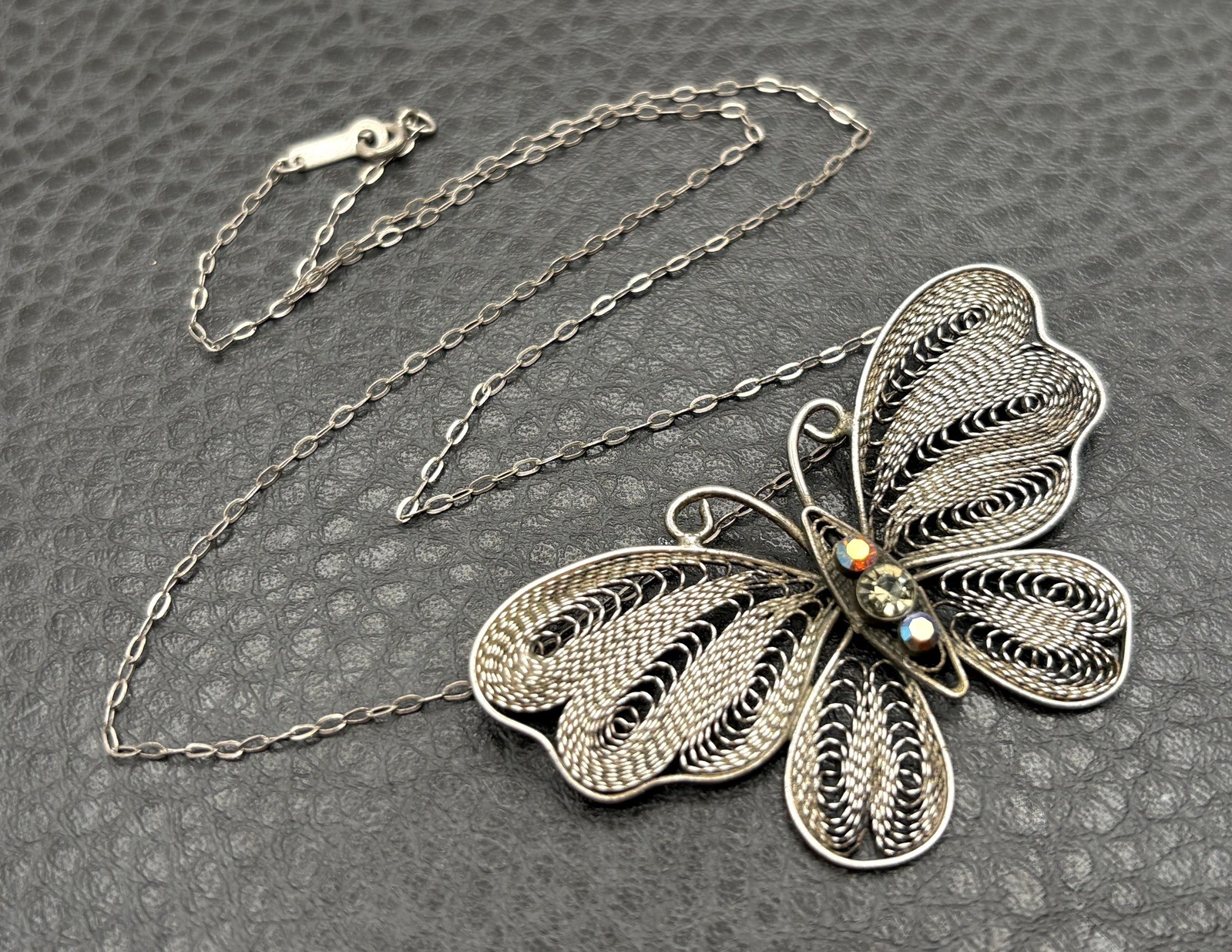 Sterling Silver Filigree Butterfly Pendant Necklace w/ Aurora Borealis