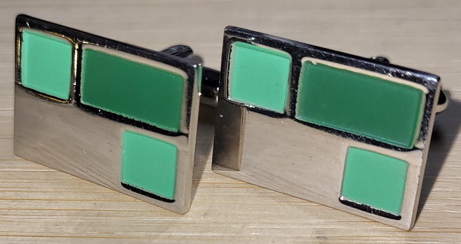 SPEIDEL Silvertone & Green Modernist Cufflinks 7/8″ Wide Very Good Condition