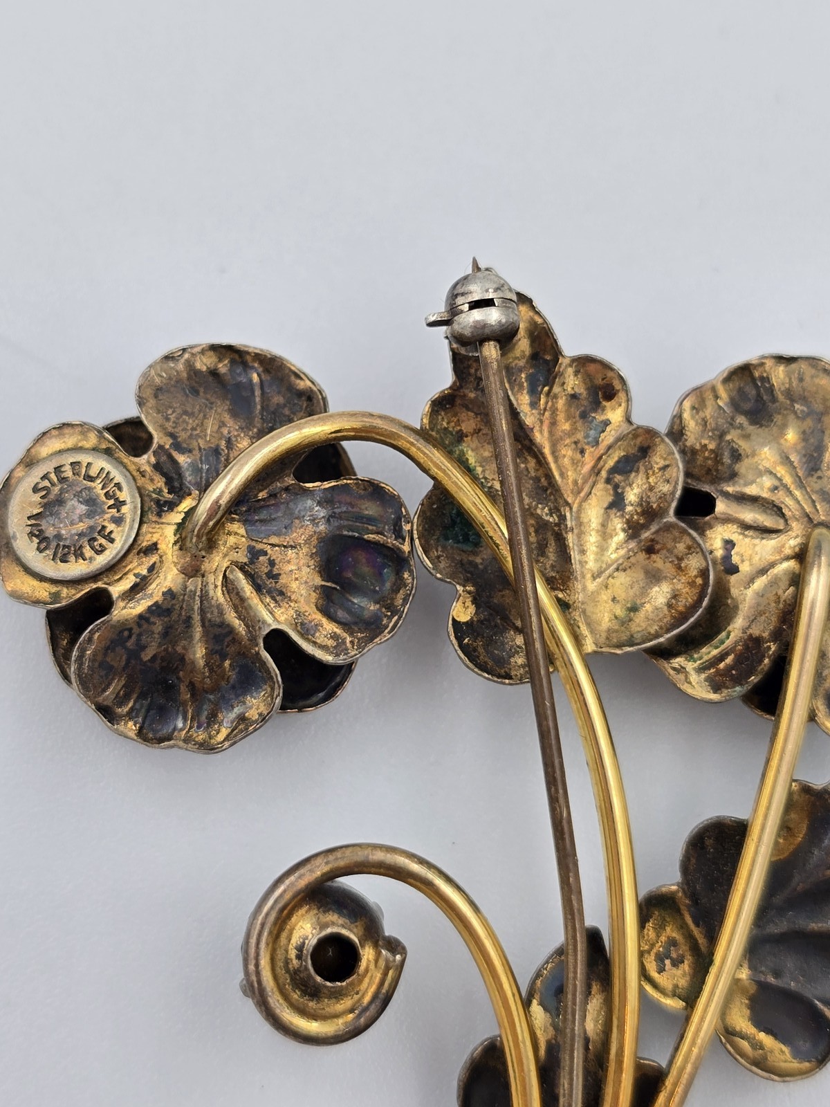 Vintage Sterling Silver 1/20 12K Gold Filled Green Rhinestone Flower Brooch Pin
