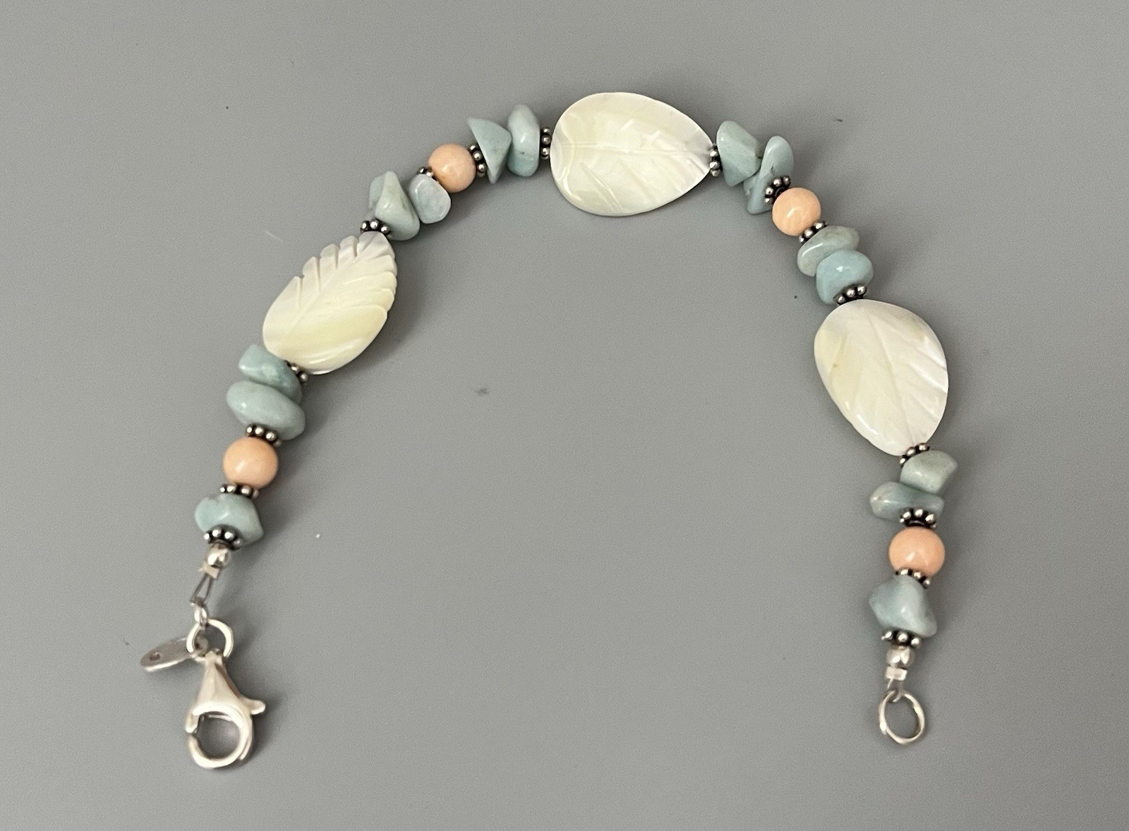 VTG SX 925 Sterling-Carved MOP-Pale Blue-Peach Stone Bracelet Wire Earring Set