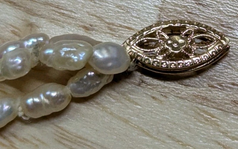 Vintage Freshwater Rice Pearl Marked “14K stamp” Gold Spacers 3-Strand Necklace