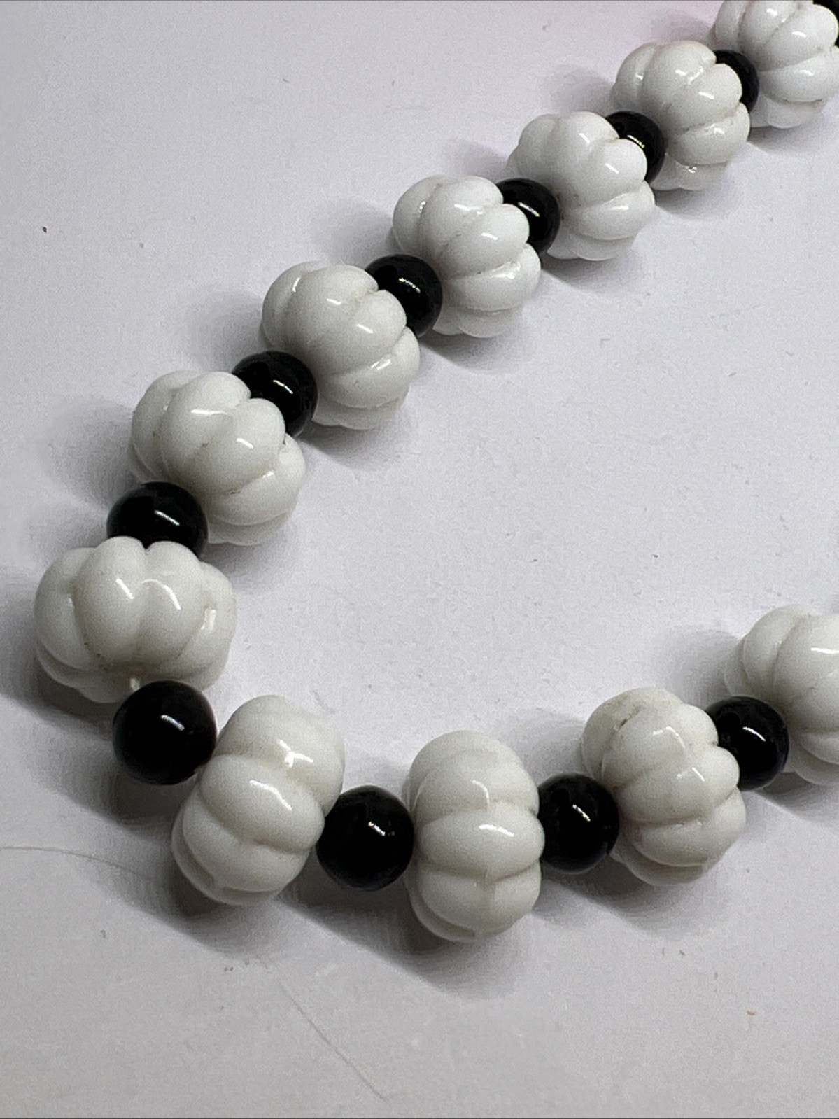 Signed GERMANY Mid-Century Milk Glass & Jet Black Bead Choker 16” Necklace