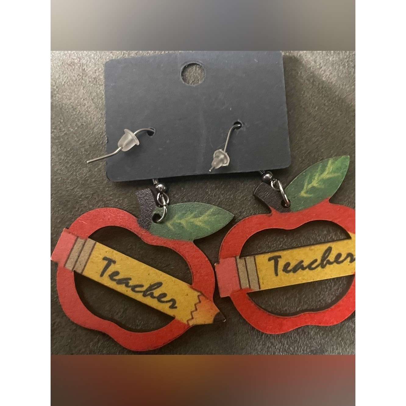 Source Unknown Red Apple ‘Teacher’ Pencil Earrings